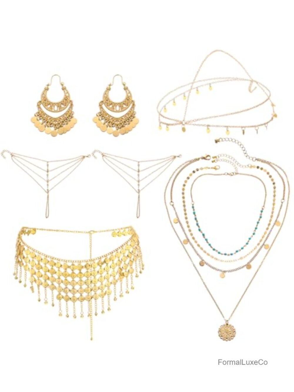 5 Pc Belly Dance Jewelry Set Gold Head Chain Necklace Hand Chain Belt Earrings,